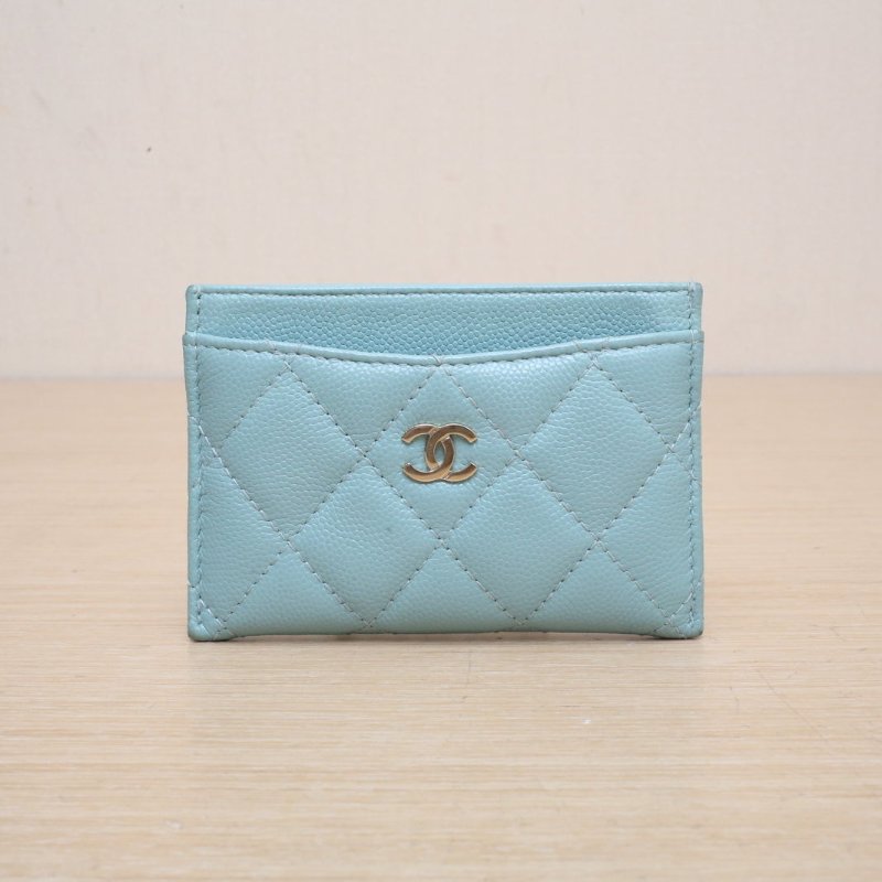 CHANEL CF敞口卡包11藍色荔枝牛皮28開淺金扣肩背包-1