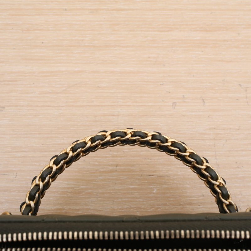 CHANEL 22K手提長盒子化妝包帶鏡子16綠色羊皮鐳射標金扣金屬皮穿手柄肩背包-2