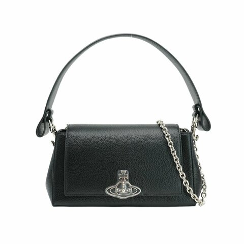 Vivienne Westwood 星球銀logo荔枝皮鏈帶兩用肩背包-中(黑)