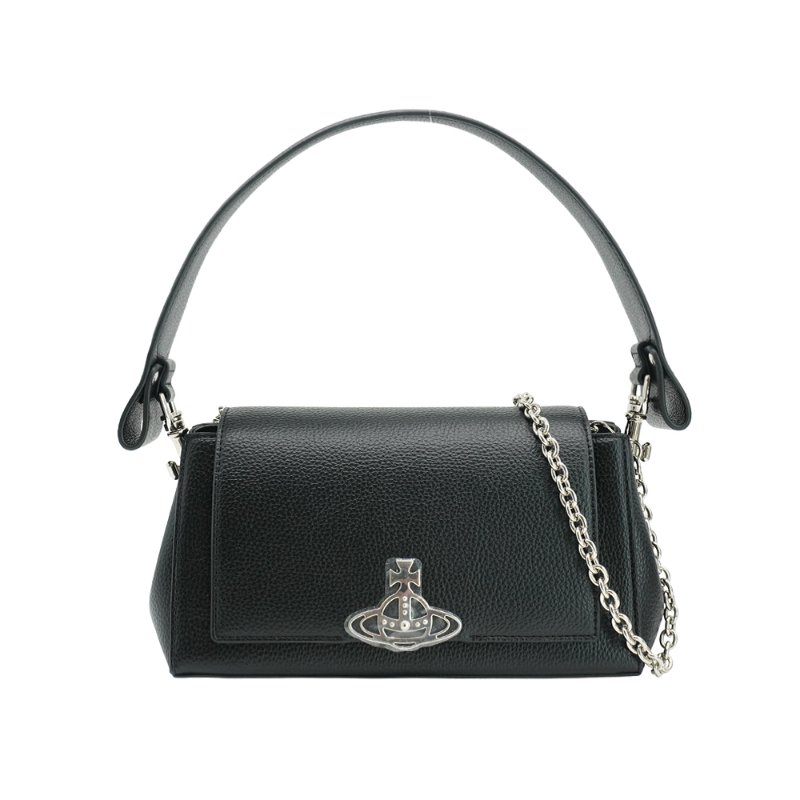 Vivienne Westwood 星球銀logo荔枝皮鏈帶兩用肩背包-中(黑)-0