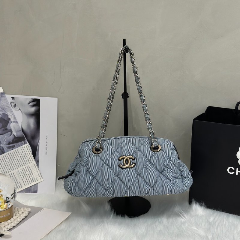 CHANEL 條紋織布泡泡雲朵包 - 藍銀13開-0