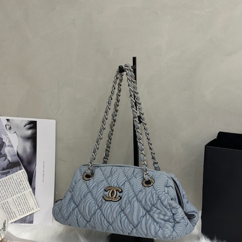 CHANEL 條紋織布泡泡雲朵包 - 藍銀13開-3