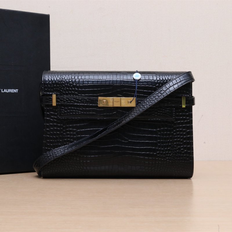 SAINT LAURENT MANHATTAN曼哈頓BOX中號29鱷魚壓紋黑色牛皮金扣肩背包-0