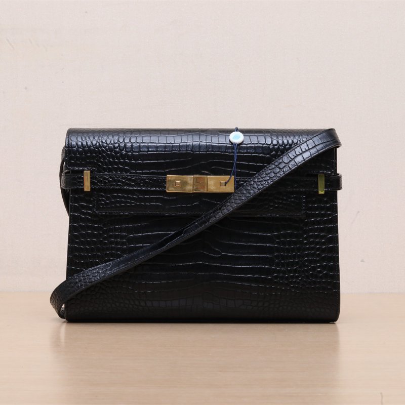 SAINT LAURENT MANHATTAN曼哈頓BOX中號29鱷魚壓紋黑色牛皮金扣肩背包-1
