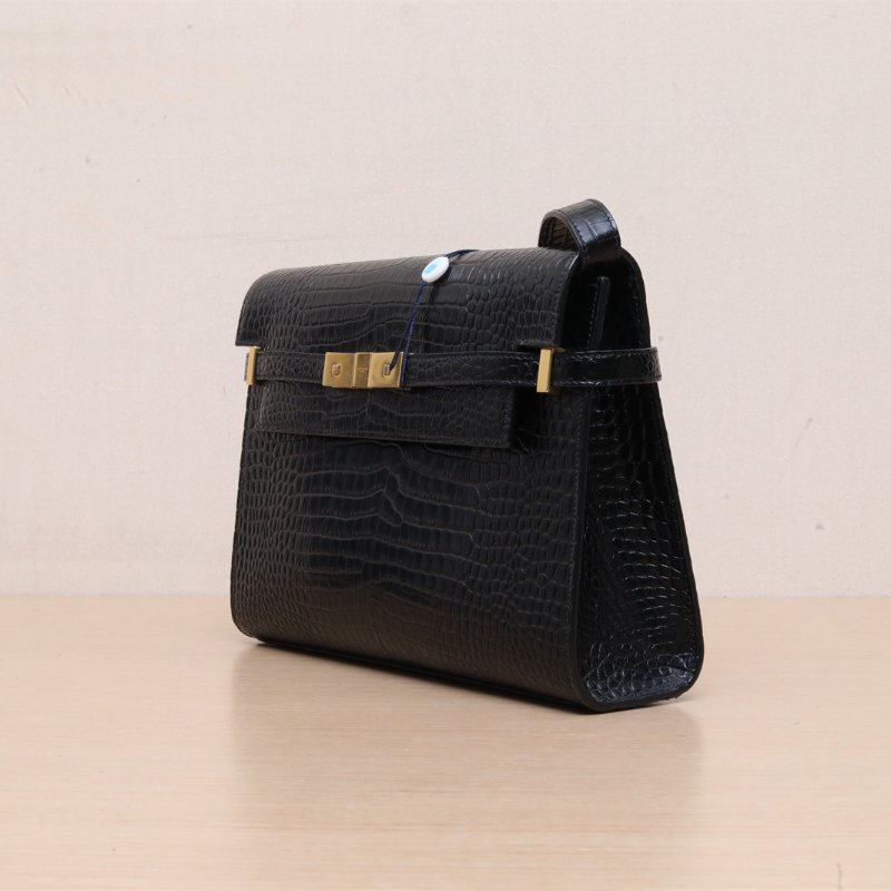 SAINT LAURENT MANHATTAN曼哈頓BOX中號29鱷魚壓紋黑色牛皮金扣肩背包-3