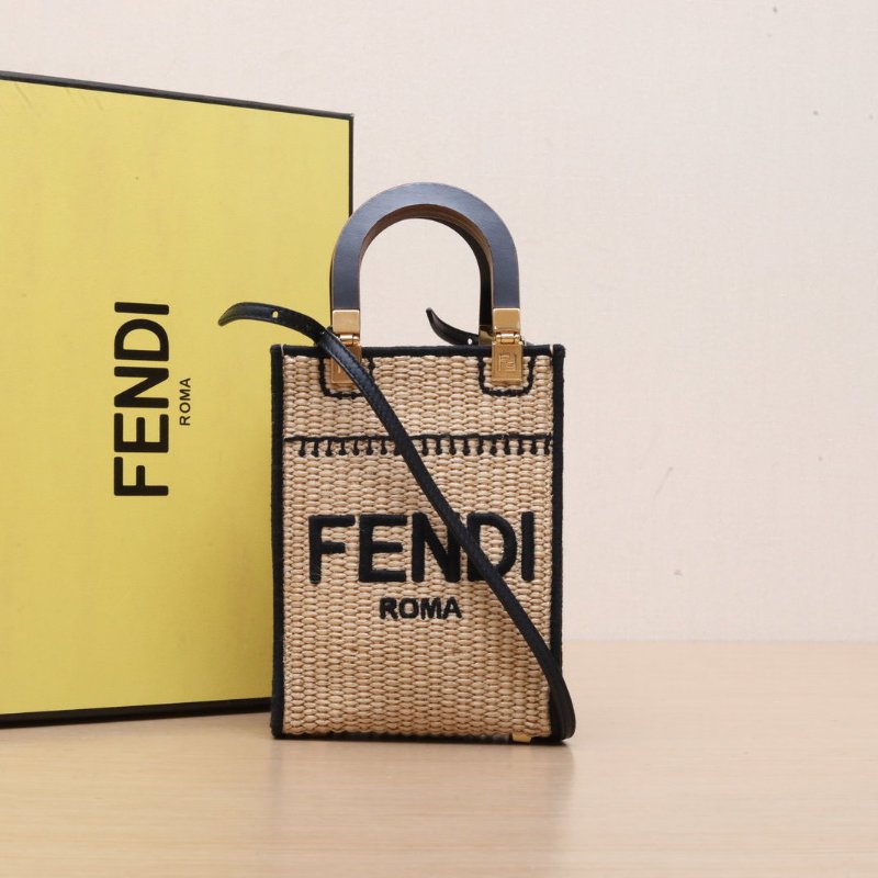 FENDI Sunshine陽光購物手提袋Mini迷你編織拼色草編肩背包-0