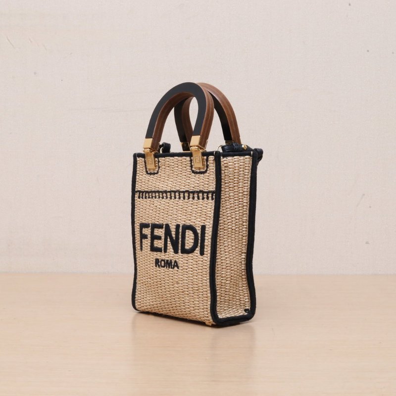 FENDI Sunshine陽光購物手提袋Mini迷你編織拼色草編肩背包-3