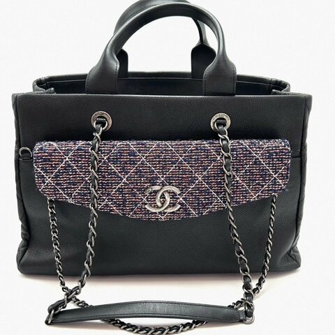 CHANEL 黑銀二合一荔枝皮編織托特包34*22*14 98新配件塵袋