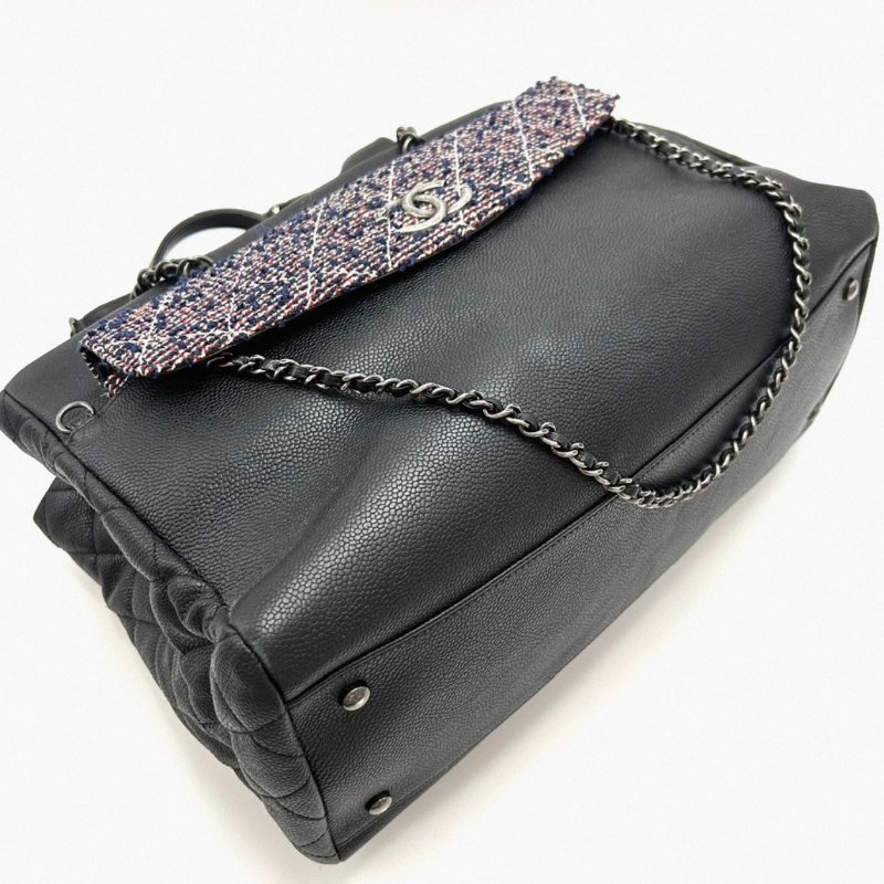 CHANEL 黑銀二合一荔枝皮編織托特包34*22*14 98新配件塵袋-1