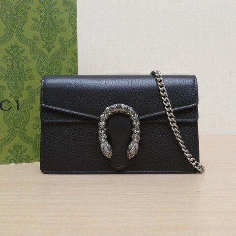 GUCCI Dionysus酒神超Mini16.5黑色牛皮銀扣鑽扣肩背包