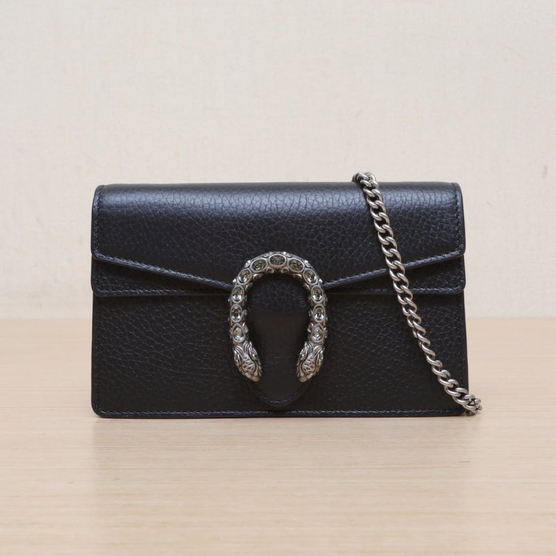 GUCCI Dionysus酒神超Mini16.5黑色牛皮銀扣鑽扣肩背包-1