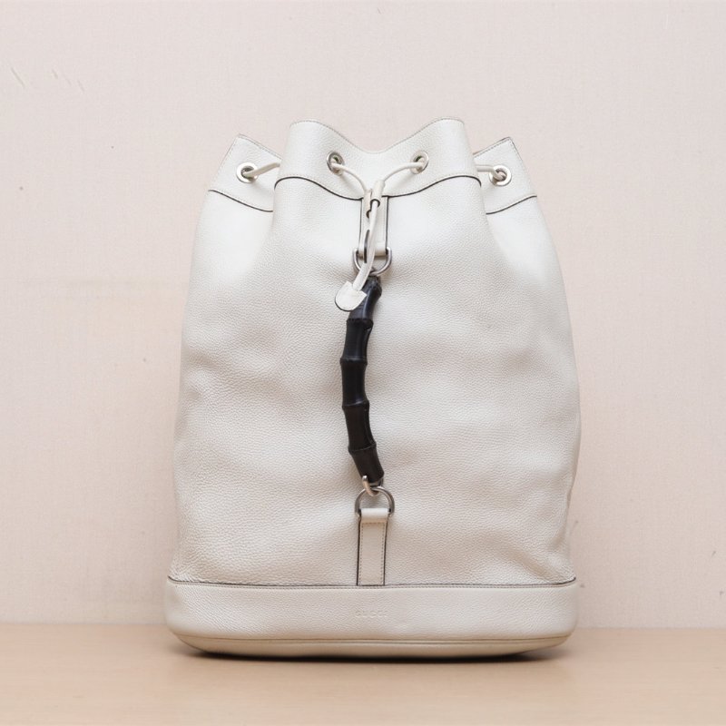 GUCCI 白色牛皮竹節抽繩全皮雙肩包肩背包-1