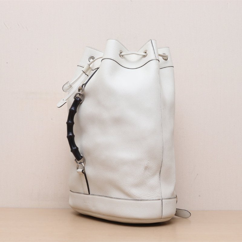 GUCCI 白色牛皮竹節抽繩全皮雙肩包肩背包-4