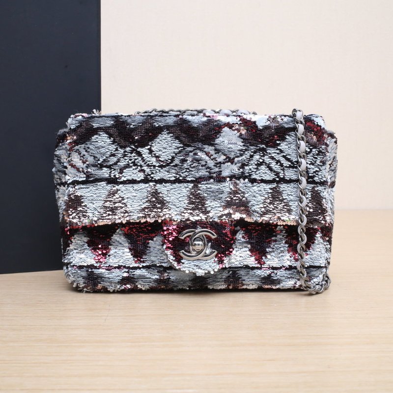 CHANEL CF口蓋包大Mini20拼色珠片28開銀扣聖誕限定肩背包-0