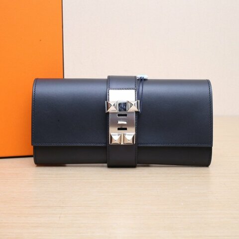 HERMES 89黑色Box皮框O銀扣CDC手拿包肩背包