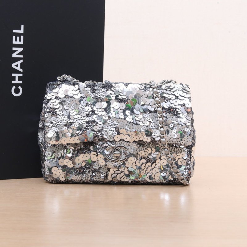 CHANEL 銀色珠片晶片開銀扣25C秀款CF口蓋包大Mini20肩背包-0