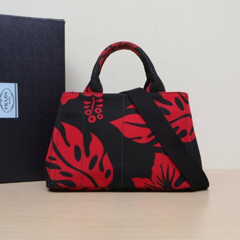 PRADA 沙灘包復古印花小號28帶肩帶拼色帆布肩背包