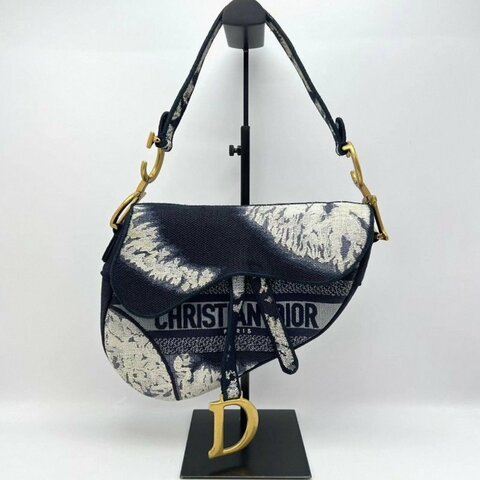 DIOR 藍色刺繡馬鞍中號肩背腋下包 25*20*6 98新配件塵袋