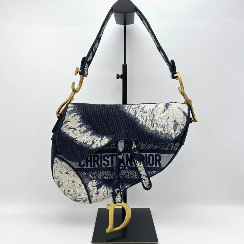 DIOR 藍色刺繡馬鞍中號肩背腋下包 25*20*6 98新配件塵袋-0