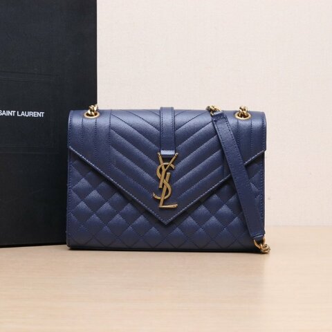 SAINT LAURENT Envelope絎縫紋理信封包中號墨藍色牛皮金扣肩背包