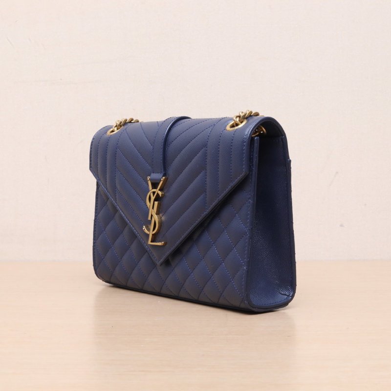 SAINT LAURENT Envelope絎縫紋理信封包中號墨藍色牛皮金扣肩背包-3