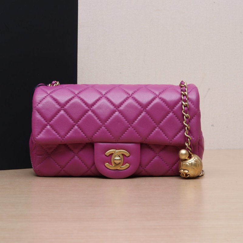CHANEL CF口蓋包大Mini20紫色羊皮30開金扣金球調節扣肩帶肩背包-0