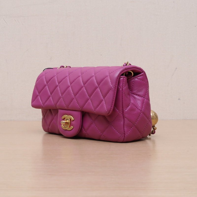 CHANEL CF口蓋包大Mini20紫色羊皮30開金扣金球調節扣肩帶肩背包-3