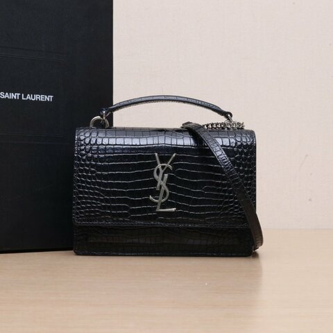 SAINT LAURENT SUNSET日落包配手柄小號19鱷魚壓紋黑色牛皮銀扣肩背包