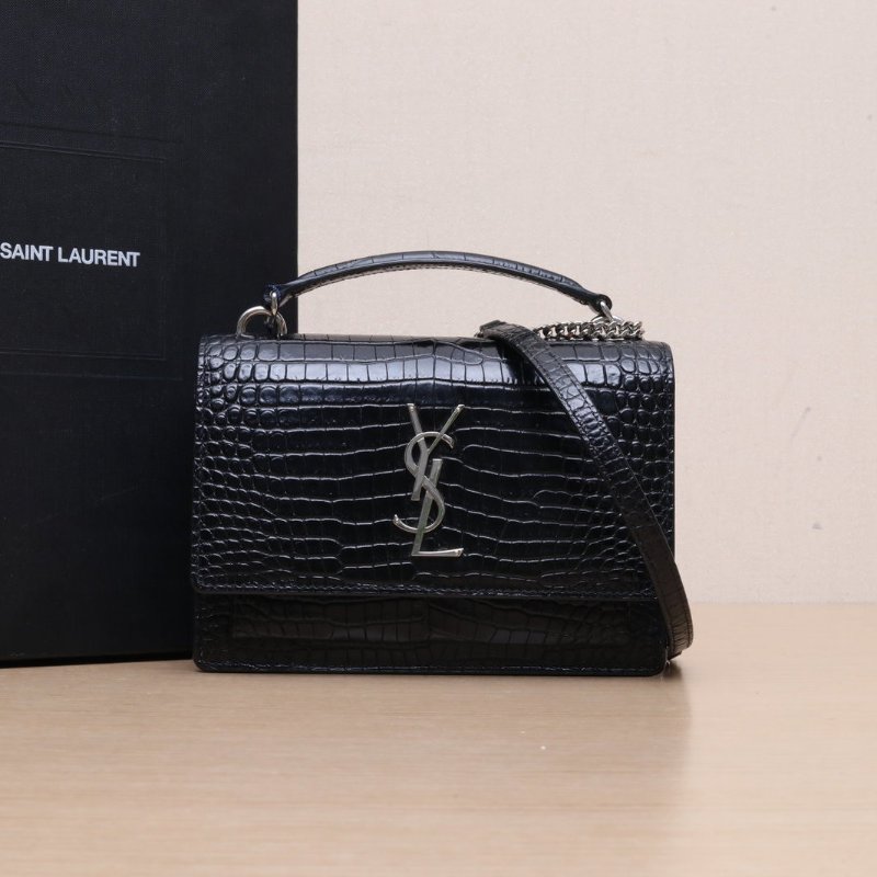 SAINT LAURENT SUNSET日落包配手柄小號19鱷魚壓紋黑色牛皮銀扣肩背包-0