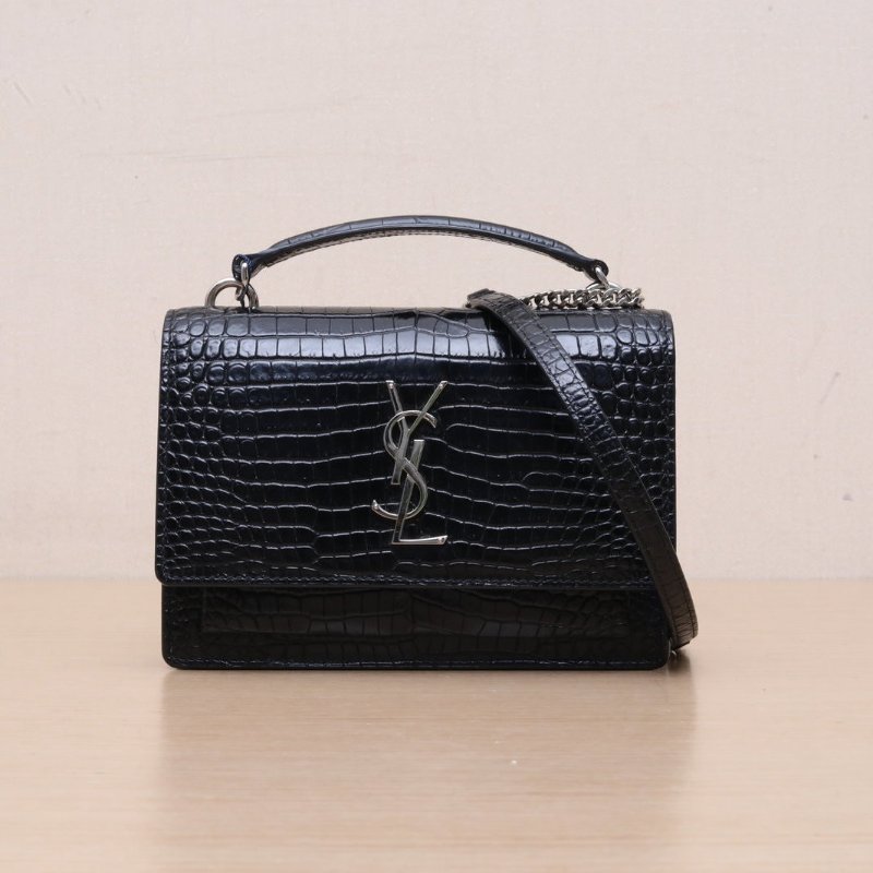 SAINT LAURENT SUNSET日落包配手柄小號19鱷魚壓紋黑色牛皮銀扣肩背包-1