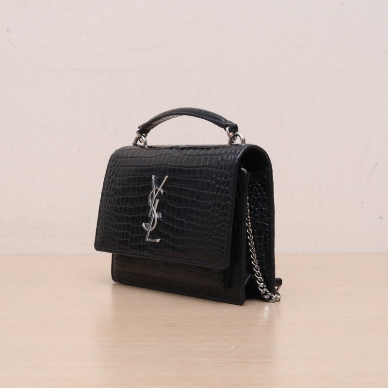 SAINT LAURENT SUNSET日落包配手柄小號19鱷魚壓紋黑色牛皮銀扣肩背包-4