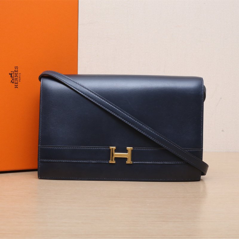 HERMES 76印度藍Box皮圈O金扣中古信封單肩包肩背包-0