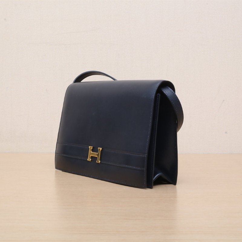 HERMES 76印度藍Box皮圈O金扣中古信封單肩包肩背包-3