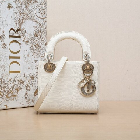 DIOR Lady戴妃包三格白色蜥蜴皮鑽扣2022肩背包