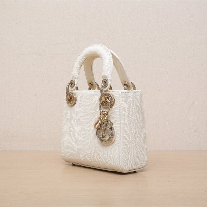 DIOR Lady戴妃包三格白色蜥蜴皮鑽扣2022肩背包-4