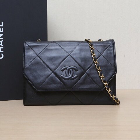 CHANEL 黑色羊皮1開金扣中古雙C菱格鏈條包肩背包