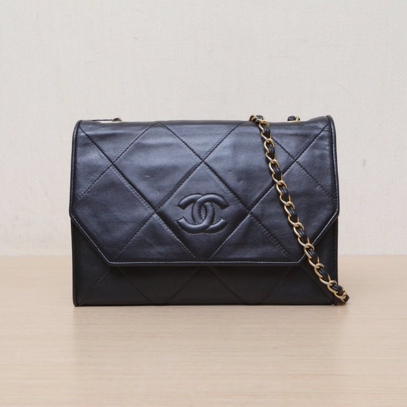 CHANEL 黑色羊皮1開金扣中古雙C菱格鏈條包肩背包-1