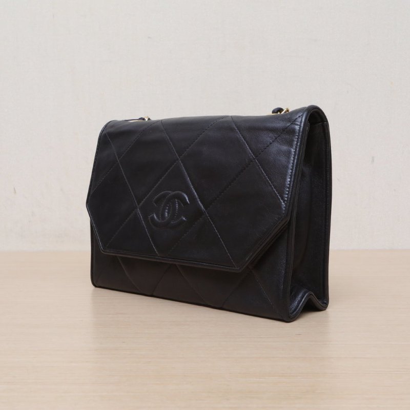 CHANEL 黑色羊皮1開金扣中古雙C菱格鏈條包肩背包-3