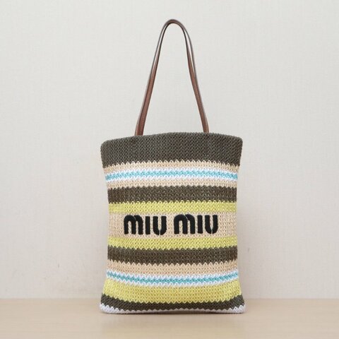 MIU MIU 拼色棉草編金扣25SSBorsaRaffia彩色條紋編織單肩包/肩背包