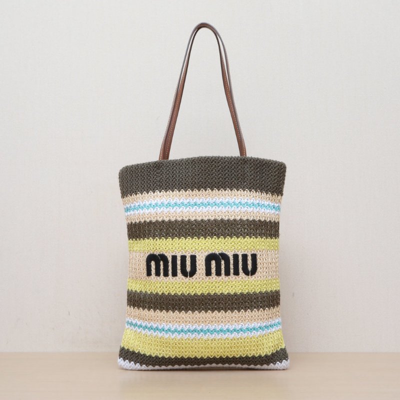 MIU MIU 拼色棉草編金扣25SSBorsaRaffia彩色條紋編織單肩包/肩背包-0
