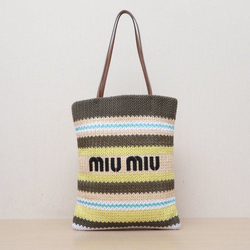 MIU MIU 拼色棉草編金扣25SSBorsaRaffia彩色條紋編織單肩包/肩背包-1