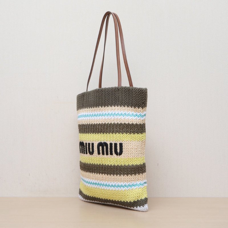 MIU MIU 拼色棉草編金扣25SSBorsaRaffia彩色條紋編織單肩包/肩背包-3