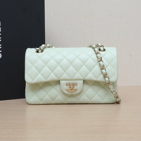 CHANEL CF口蓋包小號23綠色荔枝牛皮晶片開淺金扣菱格紋肩背包