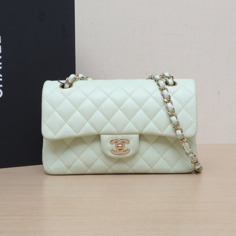 CHANEL CF口蓋包小號23綠色荔枝牛皮晶片開淺金扣菱格紋肩背包-0