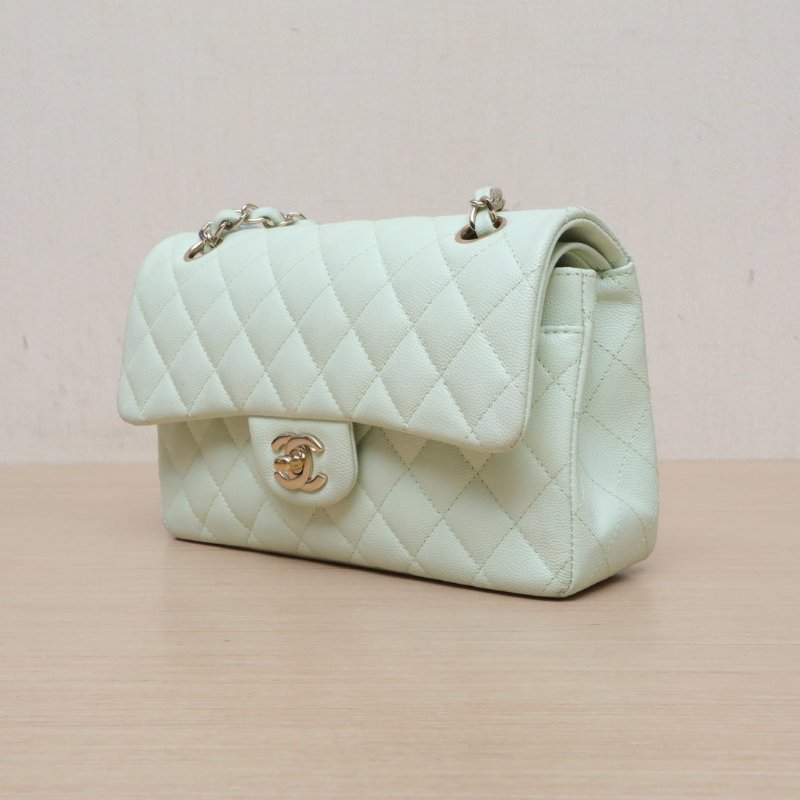 CHANEL CF口蓋包小號23綠色荔枝牛皮晶片開淺金扣菱格紋肩背包-3