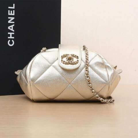 CHANEL 金色羊皮晶片開磨砂金扣25A手工坊元寶包肩背包