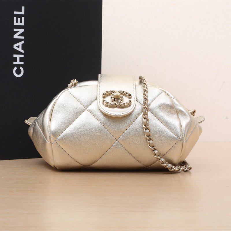 CHANEL 金色羊皮晶片開磨砂金扣25A手工坊元寶包肩背包-0