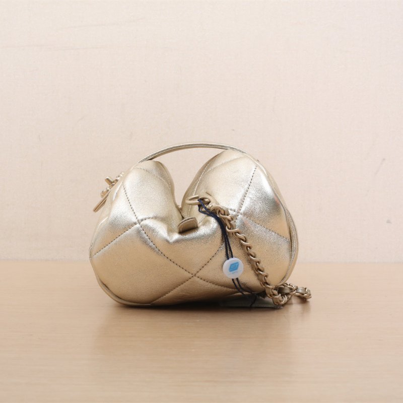 CHANEL 金色羊皮晶片開磨砂金扣25A手工坊元寶包肩背包-4