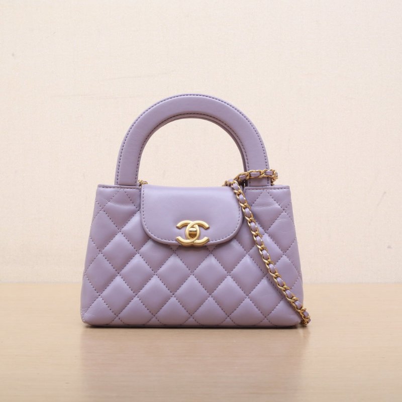 CHANEL 紫色牛皮晶片開金扣24PKelly鏈條手柄手提包19肩背包-1