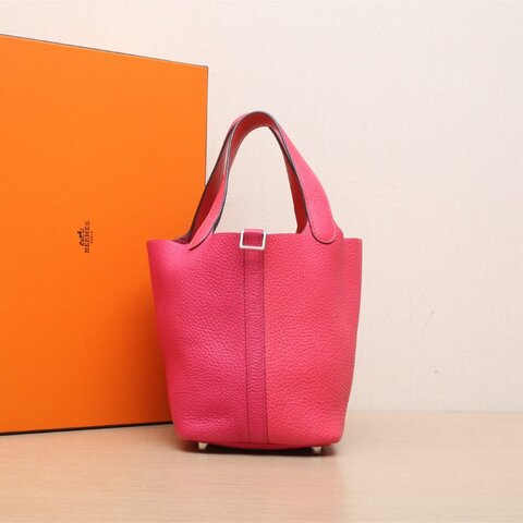 HERMES Picotin18菜籃子I6極致粉拼S3心紅色拼0D墨西哥玫瑰粉TC皮Y刻銀扣肩背包